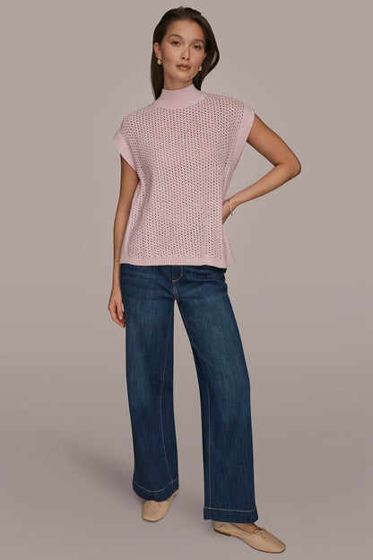 Donna Karan SLEEVELESS MOCK-NECK OPEN STITCH SWEATER
