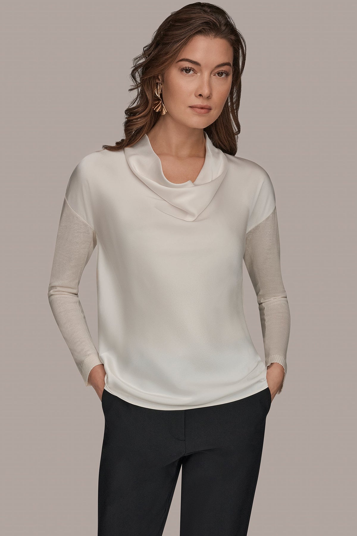 Donna Karan LONG SLEEVE COWL-NECK MIXED-MEDIA SWEATER