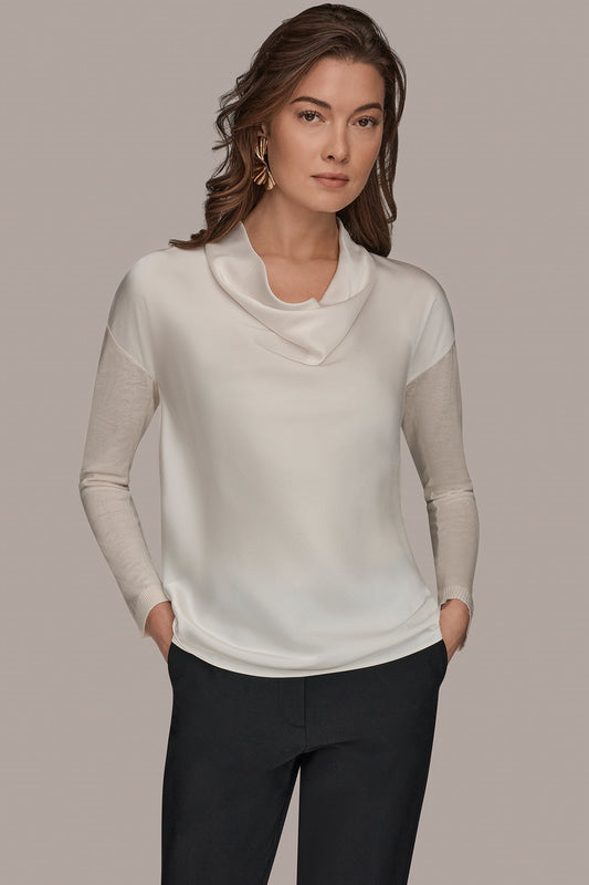 Donna Karan LONG SLEEVE COWL-NECK MIXED-MEDIA SWEATER