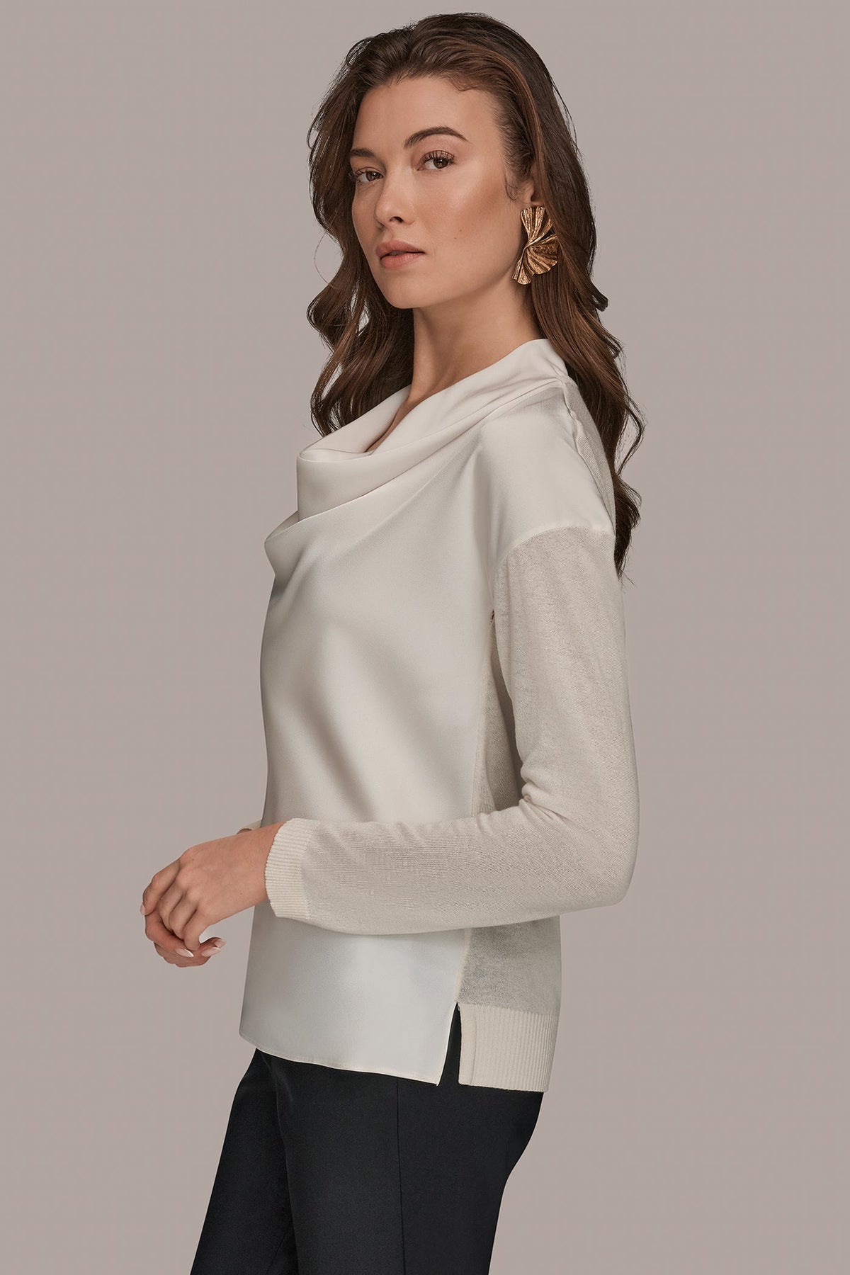 Donna Karan LONG SLEEVE COWL-NECK MIXED-MEDIA SWEATER