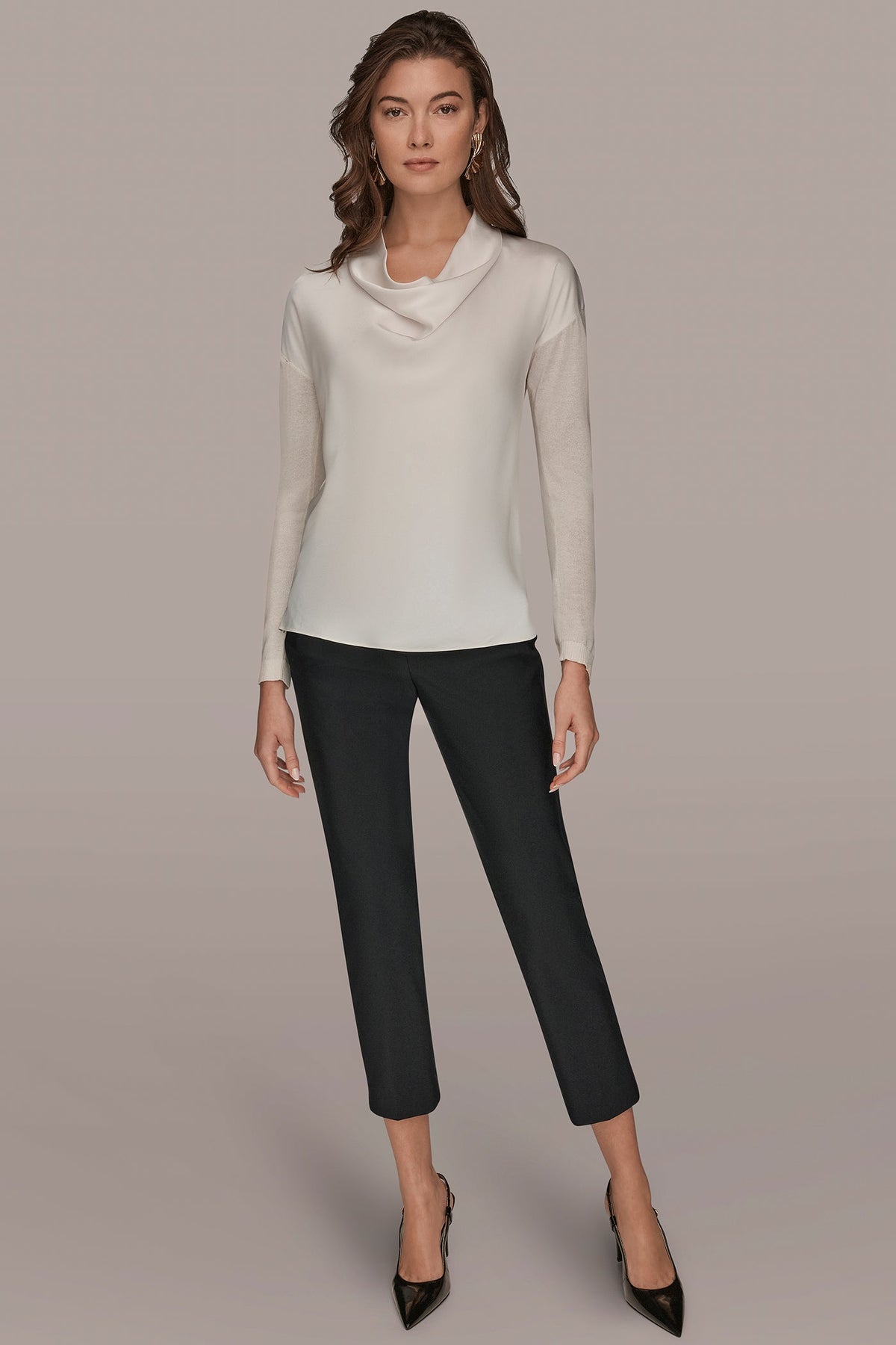 Donna Karan LONG SLEEVE COWL-NECK MIXED-MEDIA SWEATER