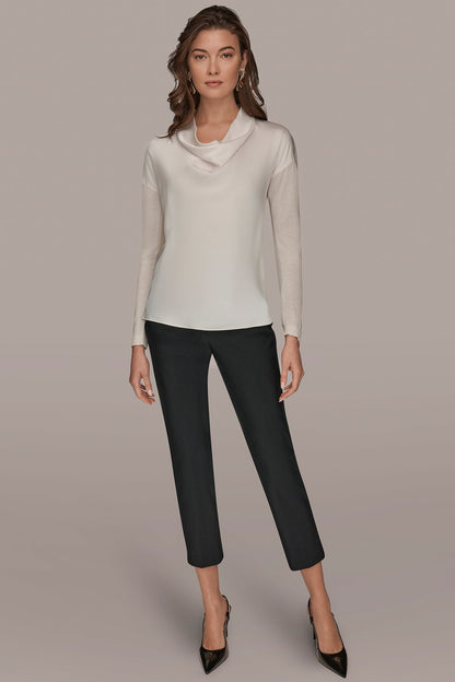 Donna Karan LONG SLEEVE COWL-NECK MIXED-MEDIA SWEATER
