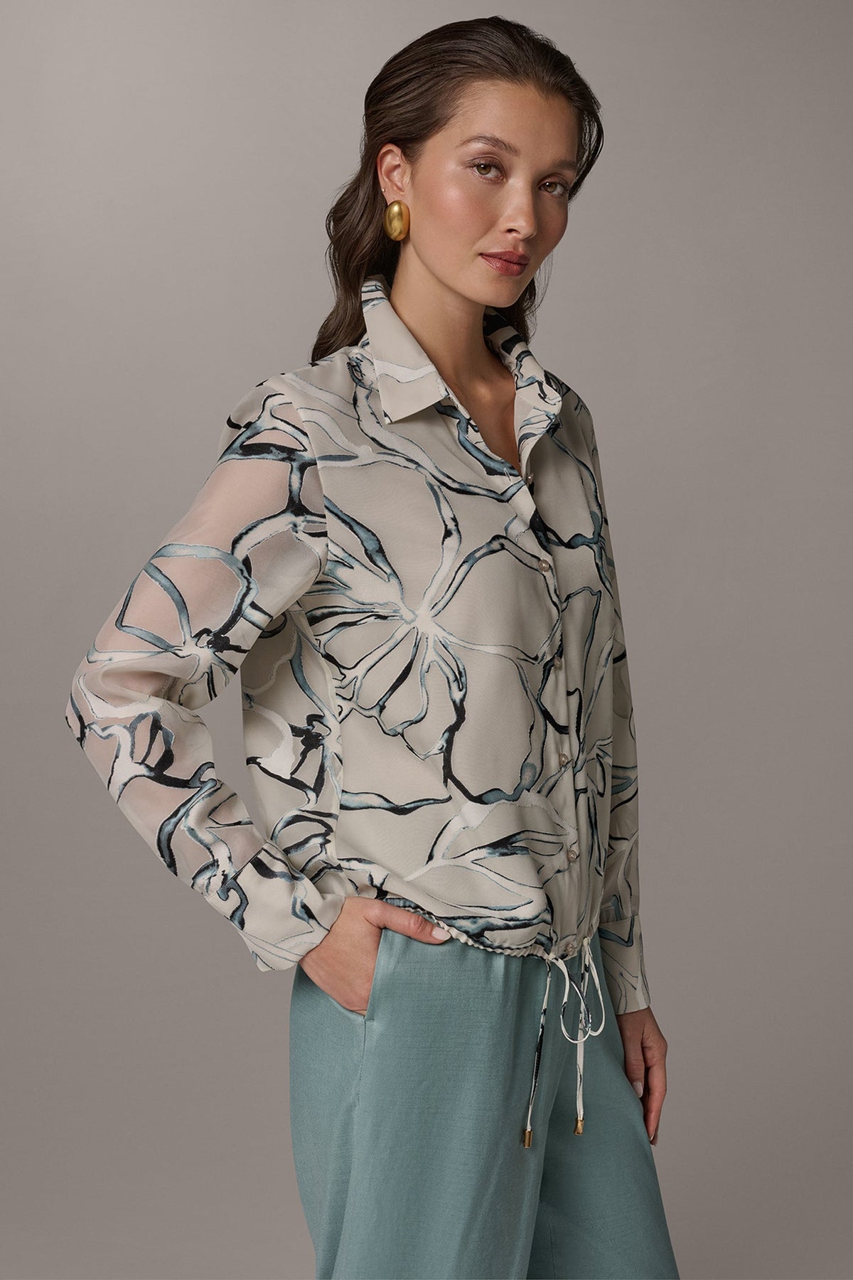 Donna Karan BURNOUT DRAWSTRING HEM BLOUSE