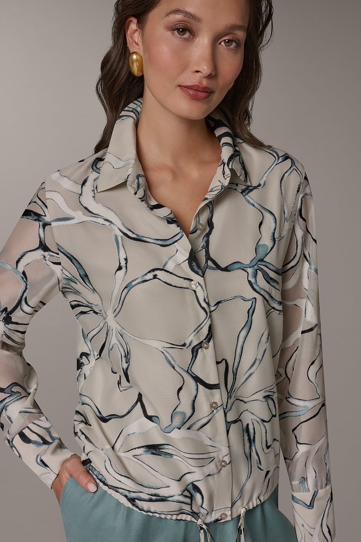 Donna Karan BURNOUT DRAWSTRING HEM BLOUSE