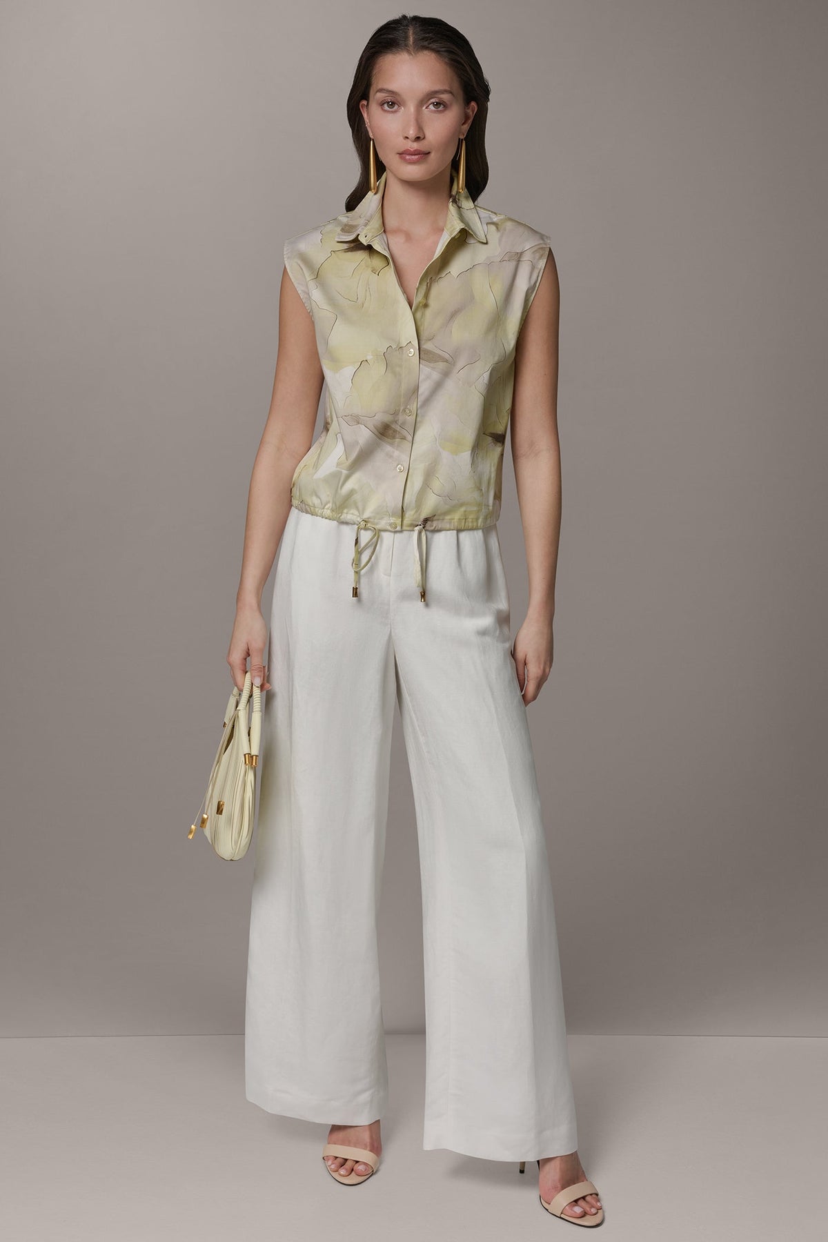 Donna Karan SLEEVELESS PRINT DRAWSTRING HEM BLOUSE