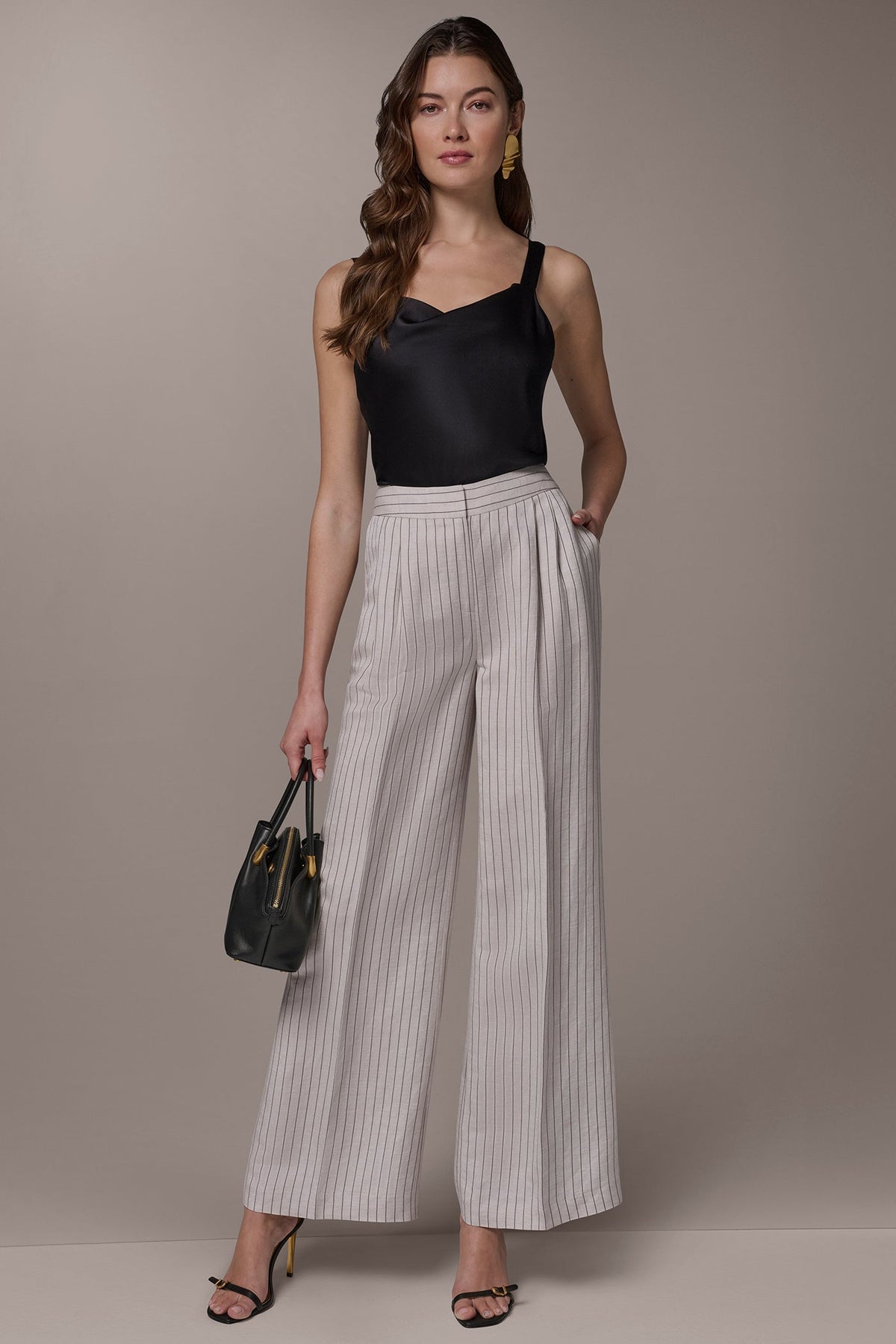 Donna Karan MID-RISE PINSTRIPE PLEATED WIDE-LEG PANT