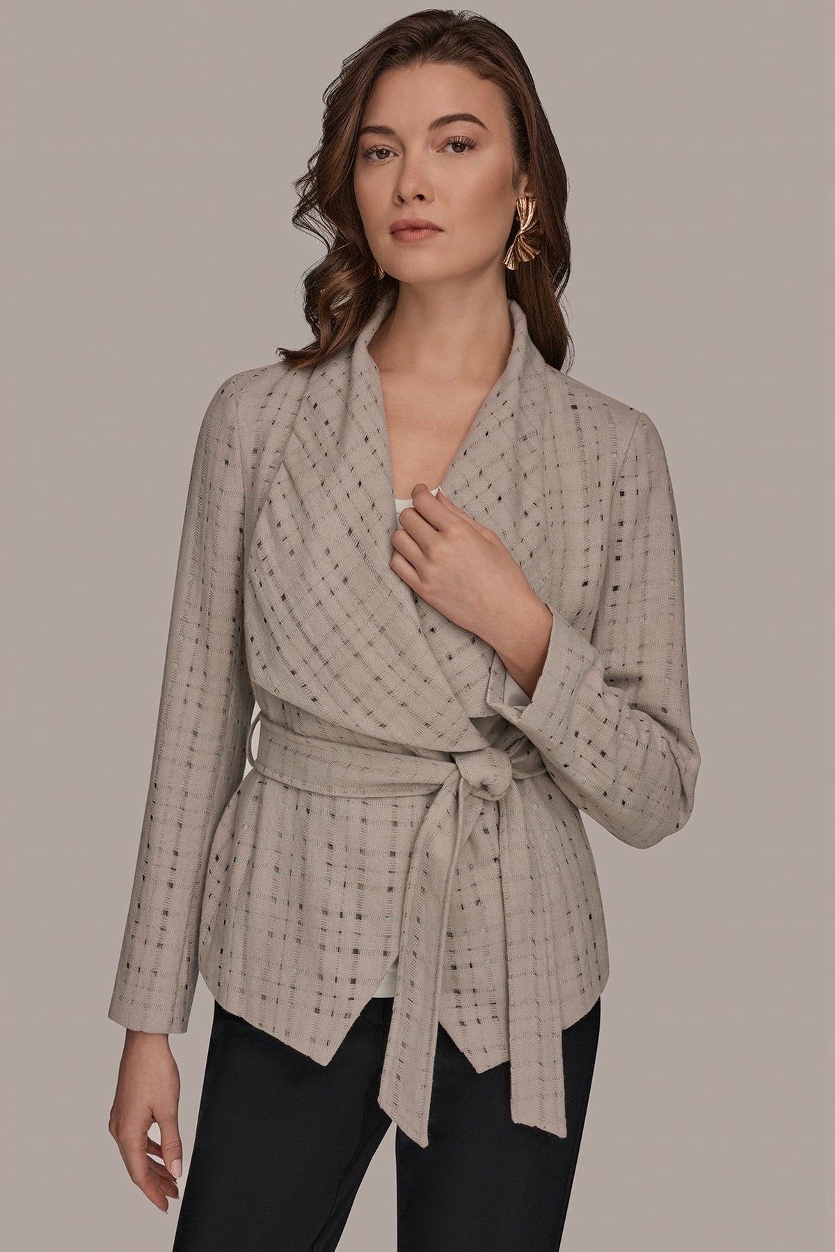 Donna Karan PERFORATED WRAP JACKET WITH BELT