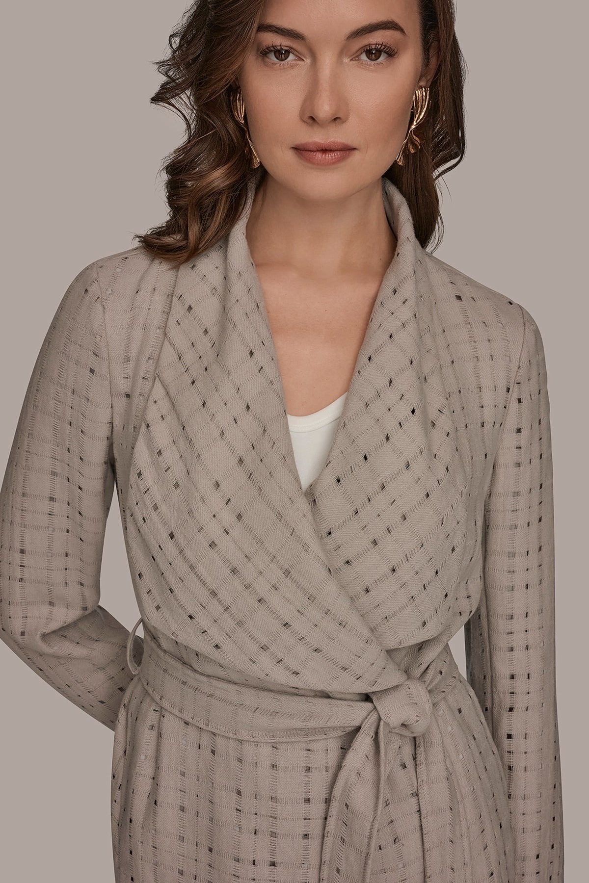 Donna Karan PERFORATED WRAP JACKET WITH BELT