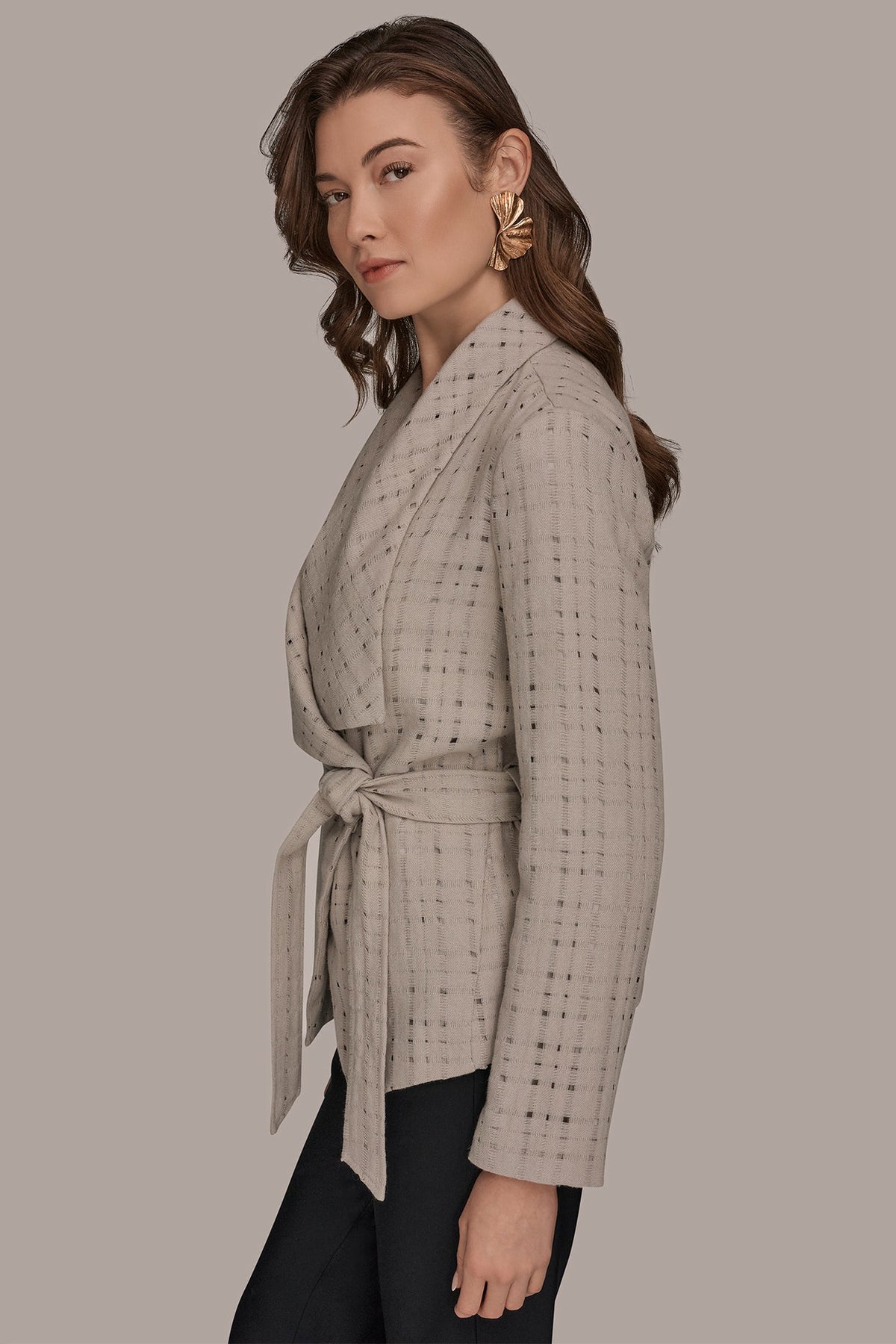 Donna Karan PERFORATED WRAP JACKET WITH BELT