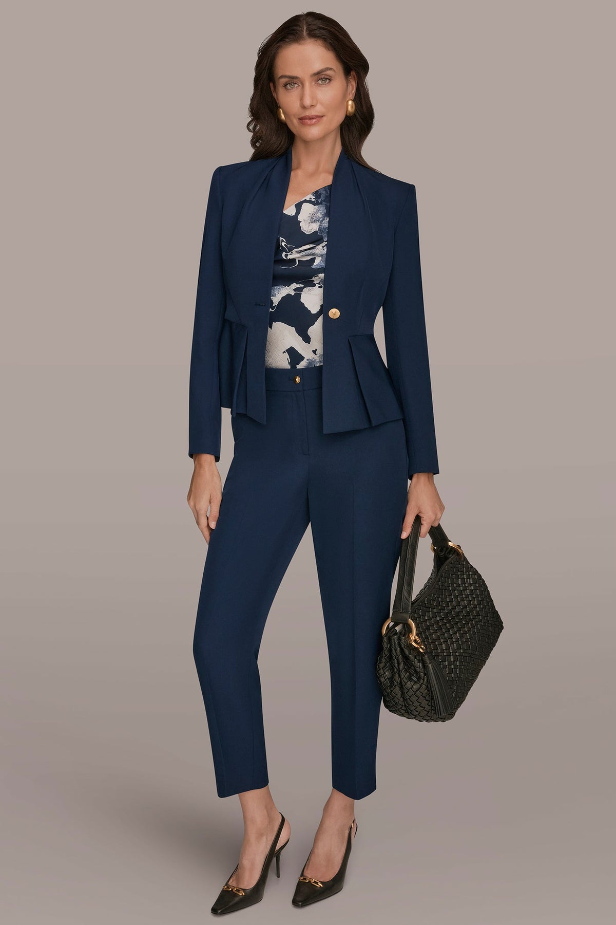Donna Karan COLLARLESS PLEATED PEPLUM BLAZER