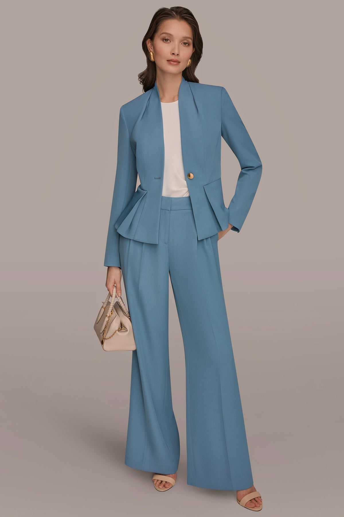 Donna Karan COLLARLESS PLEATED PEPLUM BLAZER
