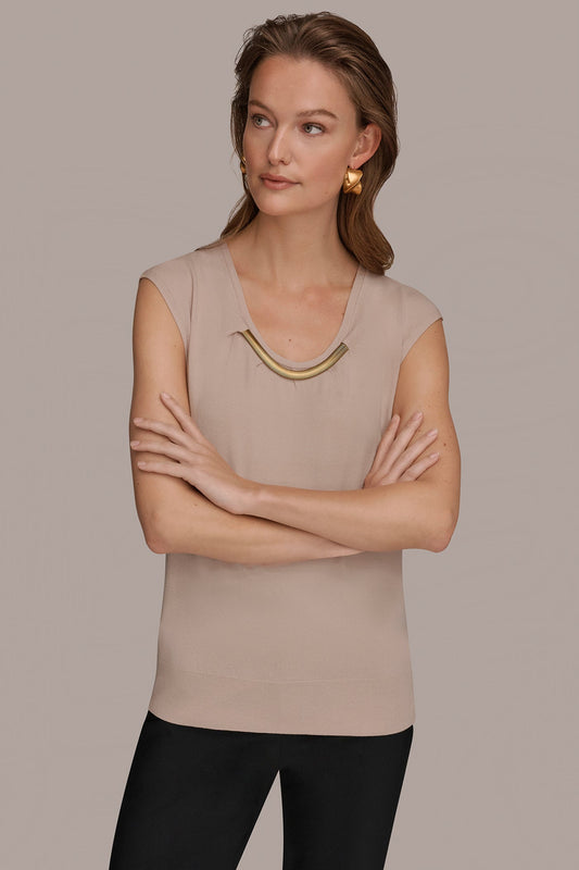 Donna Karan CAP SLEEVE METALLIC TRIM SWEATER