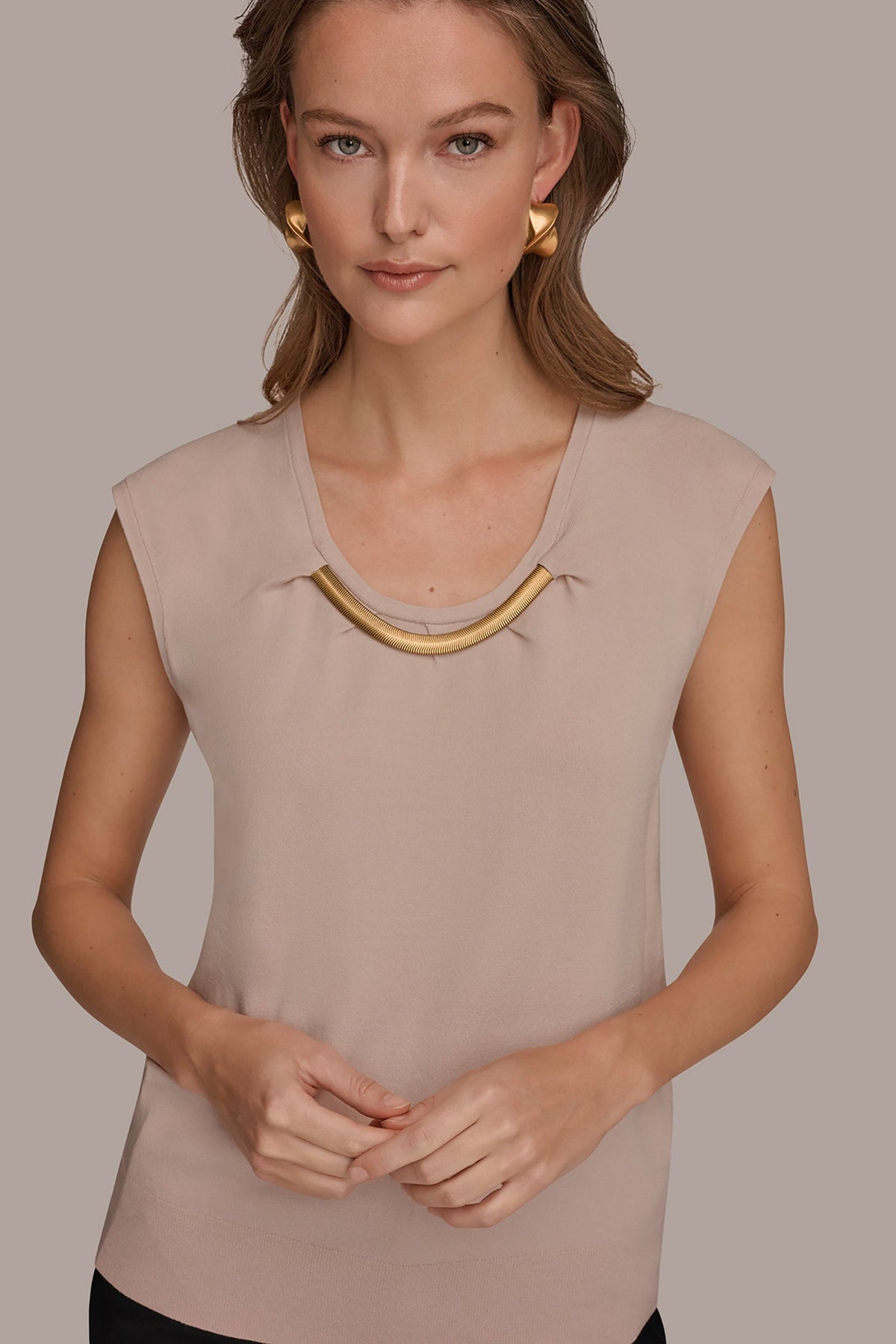 Donna Karan CAP SLEEVE METALLIC TRIM SWEATER