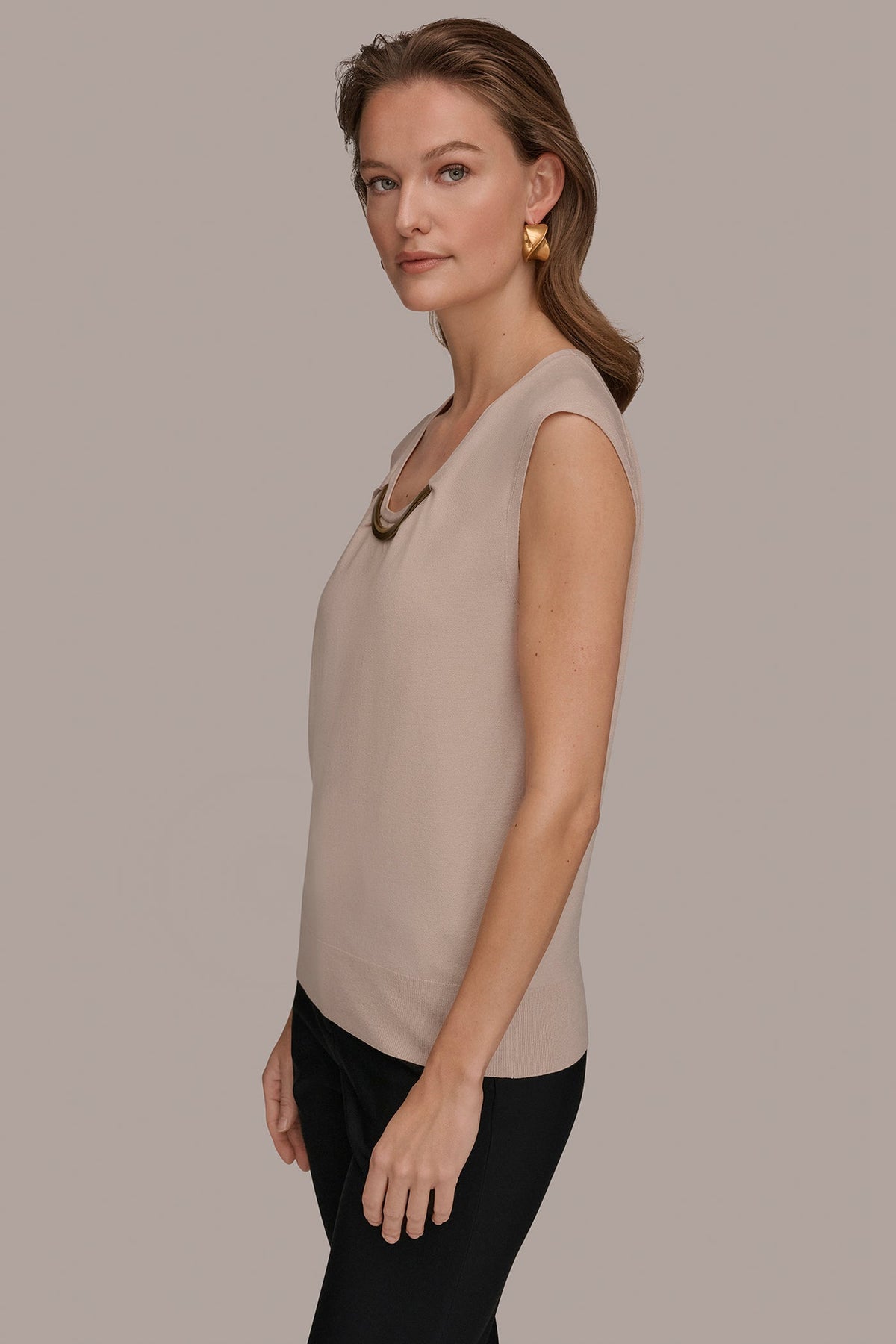 Donna Karan CAP SLEEVE METALLIC TRIM SWEATER