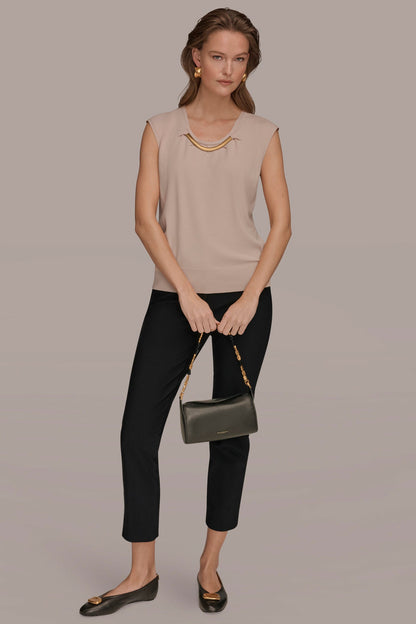 Donna Karan CAP SLEEVE METALLIC TRIM SWEATER