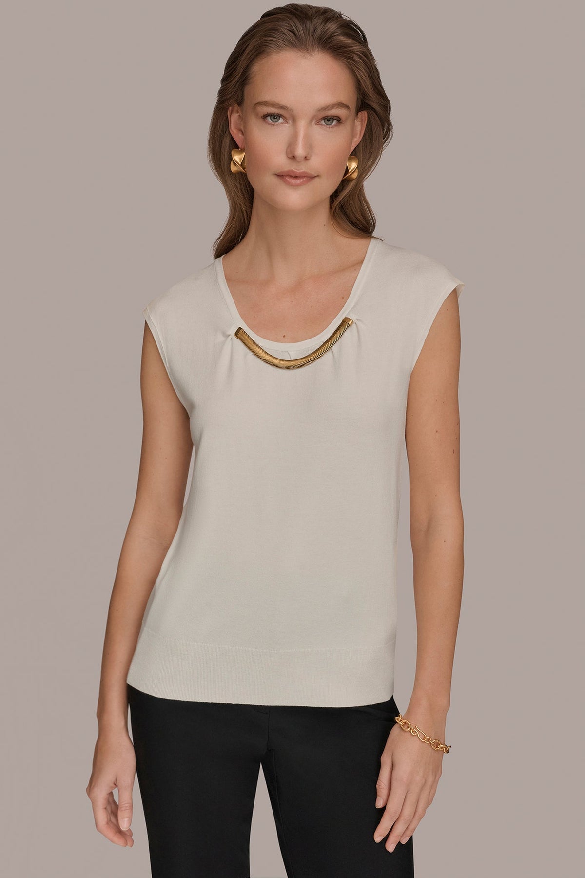 Donna Karan CAP SLEEVE METALLIC TRIM SWEATER
