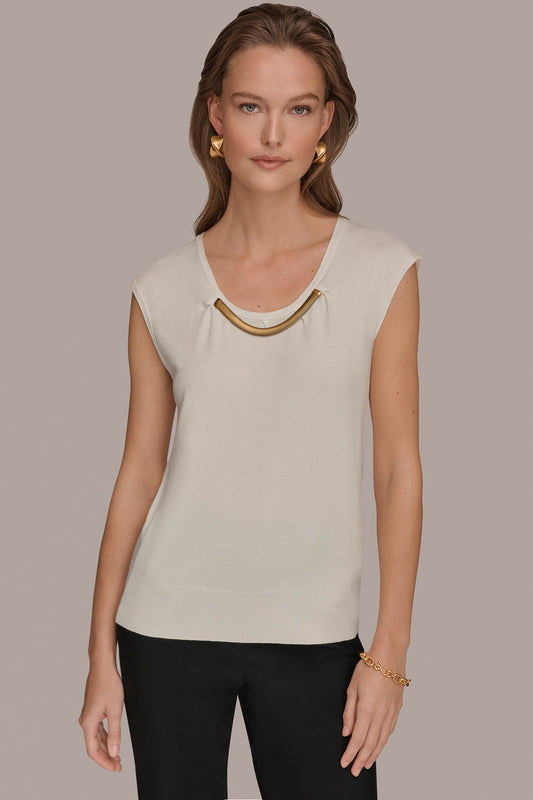 Donna Karan CAP SLEEVE METALLIC TRIM SWEATER