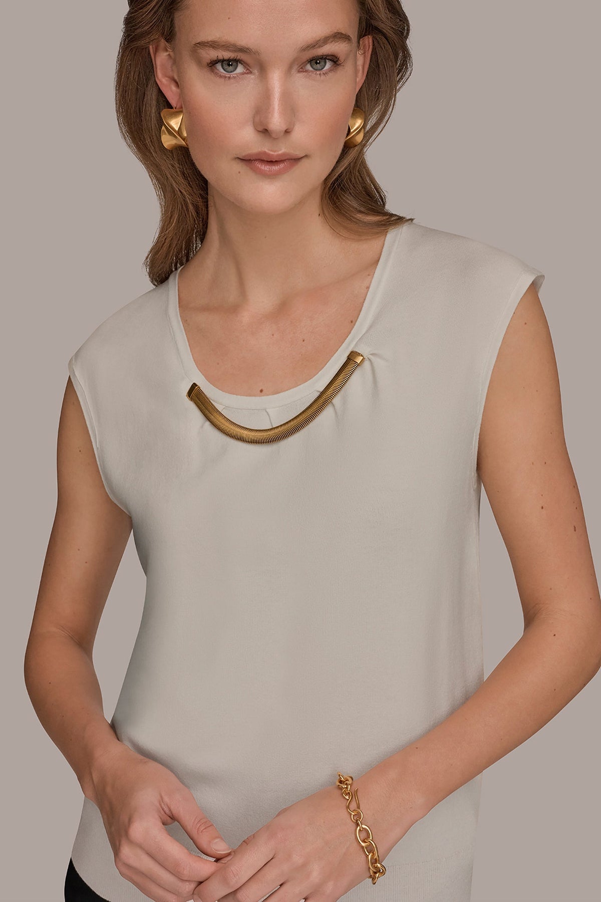Donna Karan CAP SLEEVE METALLIC TRIM SWEATER