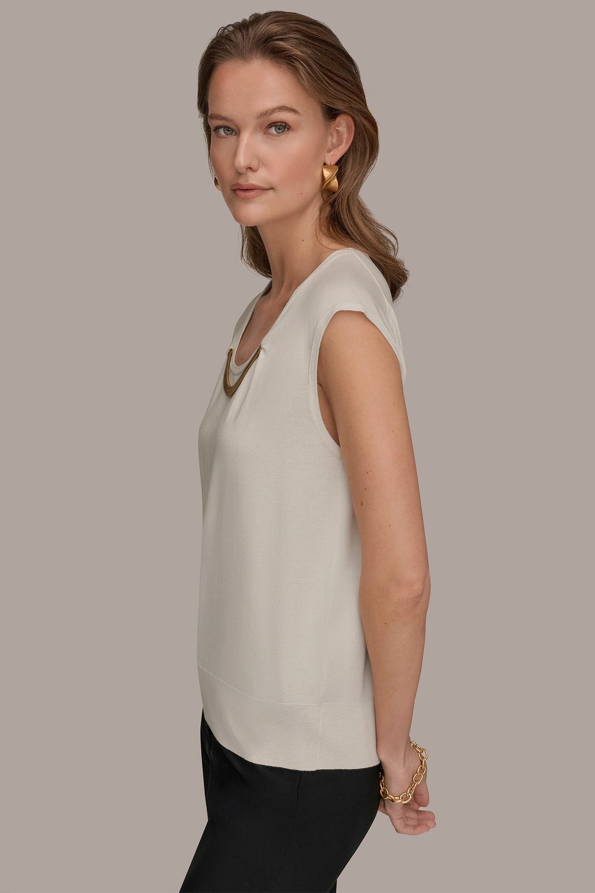 Donna Karan CAP SLEEVE METALLIC TRIM SWEATER