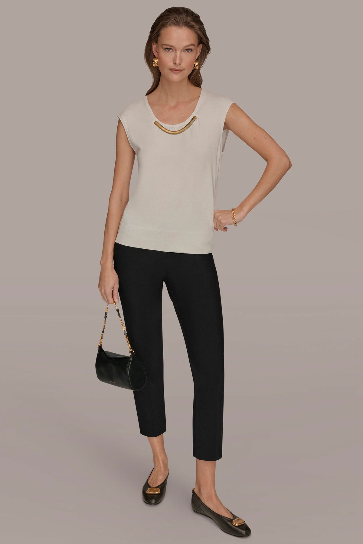 Donna Karan CAP SLEEVE METALLIC TRIM SWEATER
