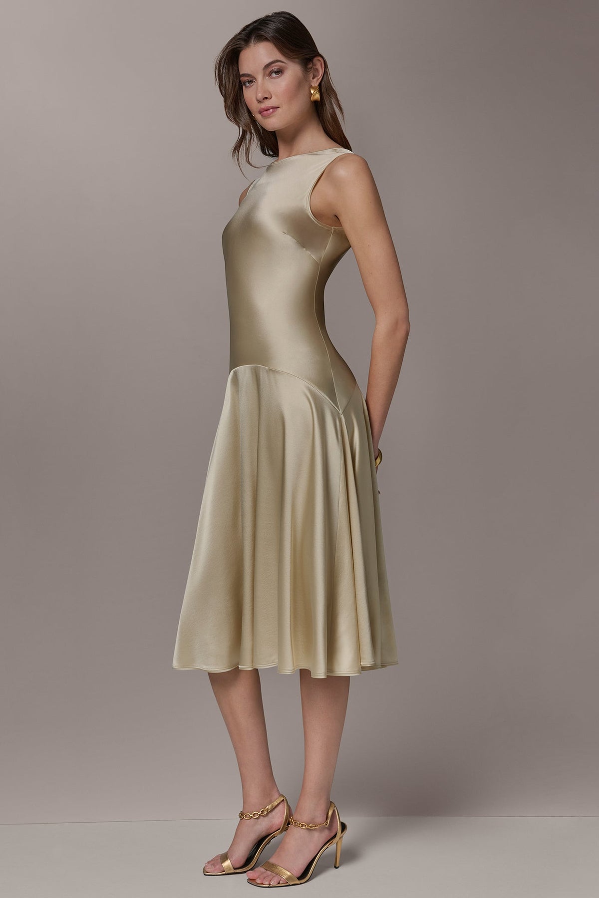 Donna Karan SILK-CHARMEUSE MIDI A-LINE DRESS