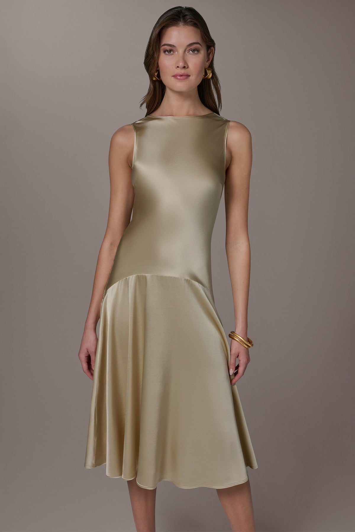 Donna Karan SILK-CHARMEUSE MIDI A-LINE DRESS