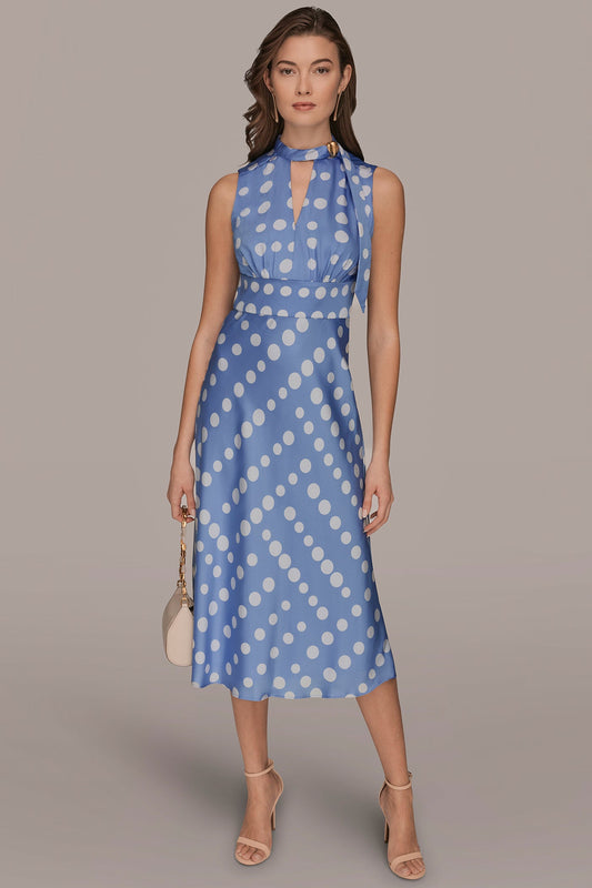 Donna Karan SATIN POLKA-DOT TIE-NECK MIDI DRESS