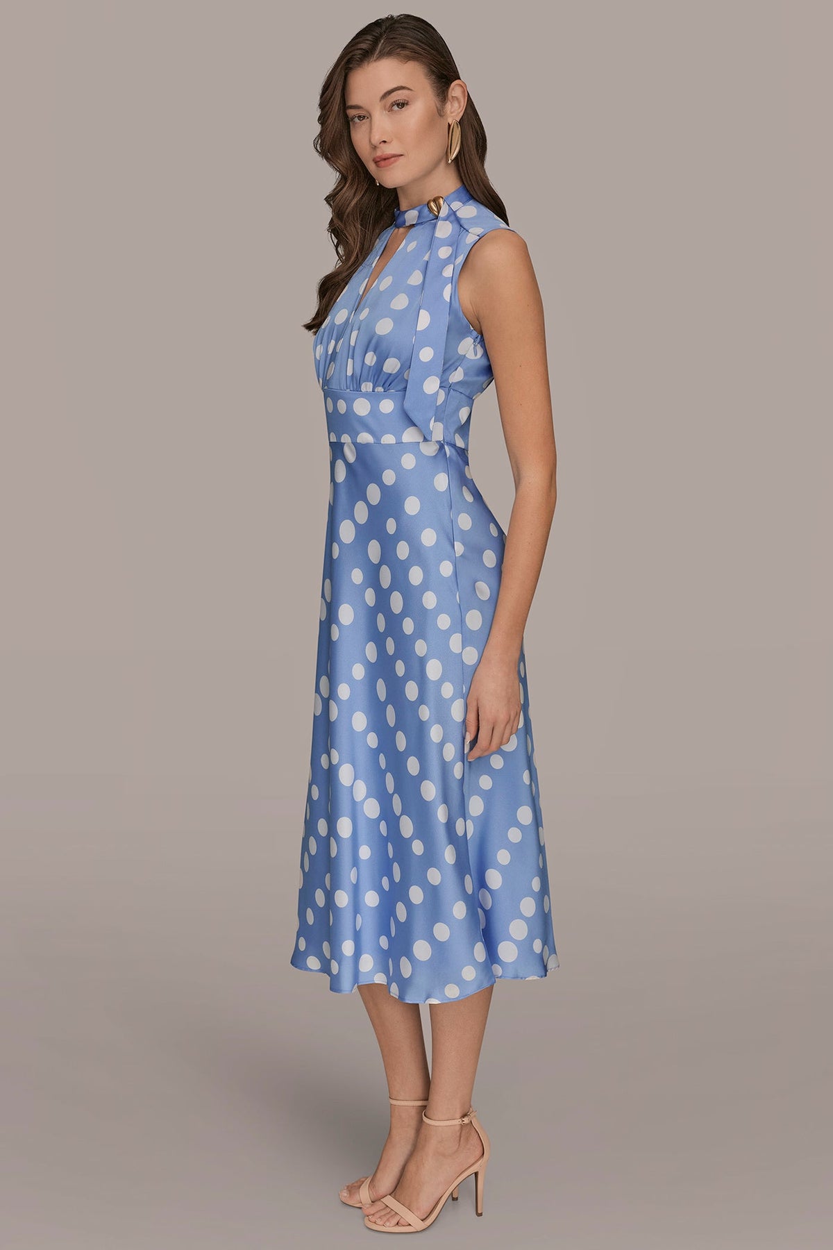 Donna Karan SATIN POLKA-DOT TIE-NECK MIDI DRESS