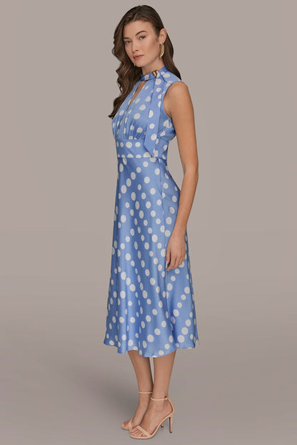 Donna Karan SATIN POLKA-DOT TIE-NECK MIDI DRESS
