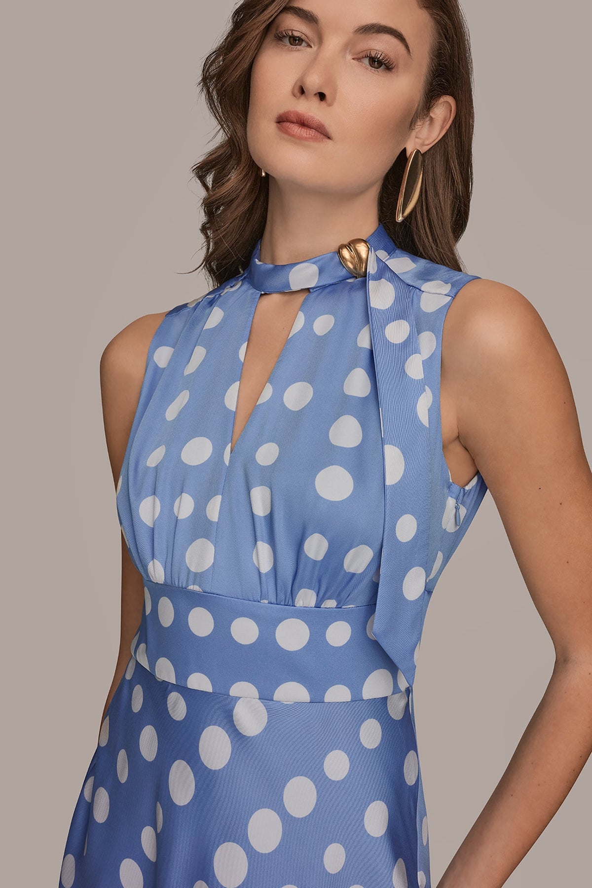 Donna Karan SATIN POLKA-DOT TIE-NECK MIDI DRESS