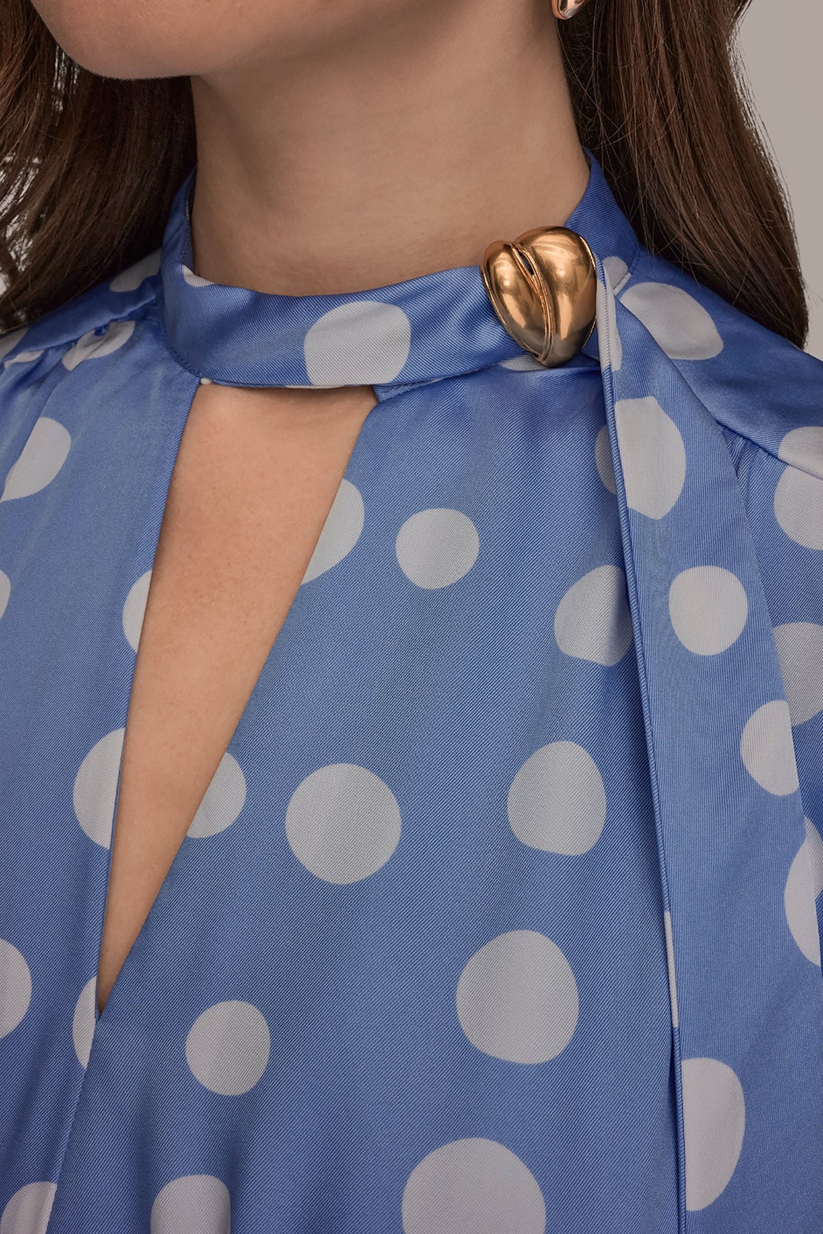 Donna Karan SATIN POLKA-DOT TIE-NECK MIDI DRESS