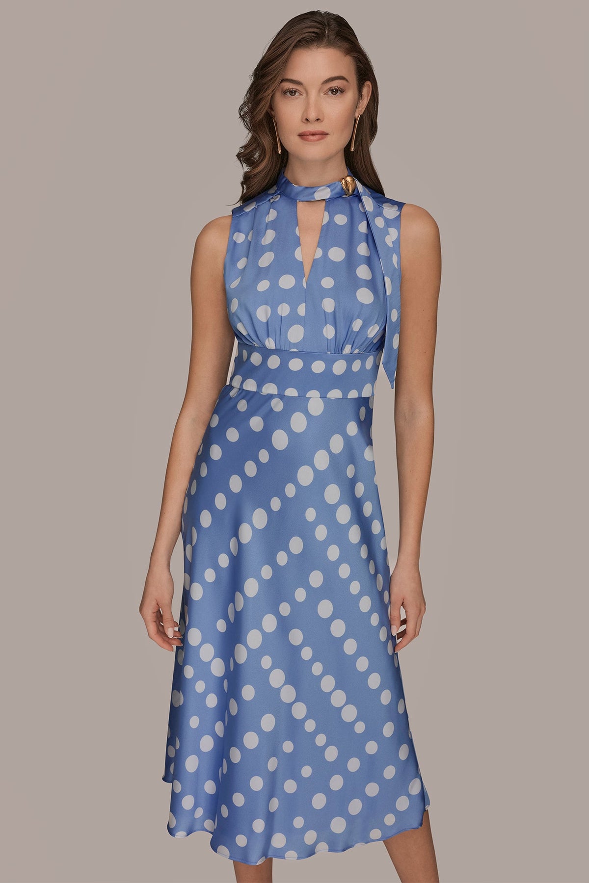 Donna Karan SATIN POLKA-DOT TIE-NECK MIDI DRESS
