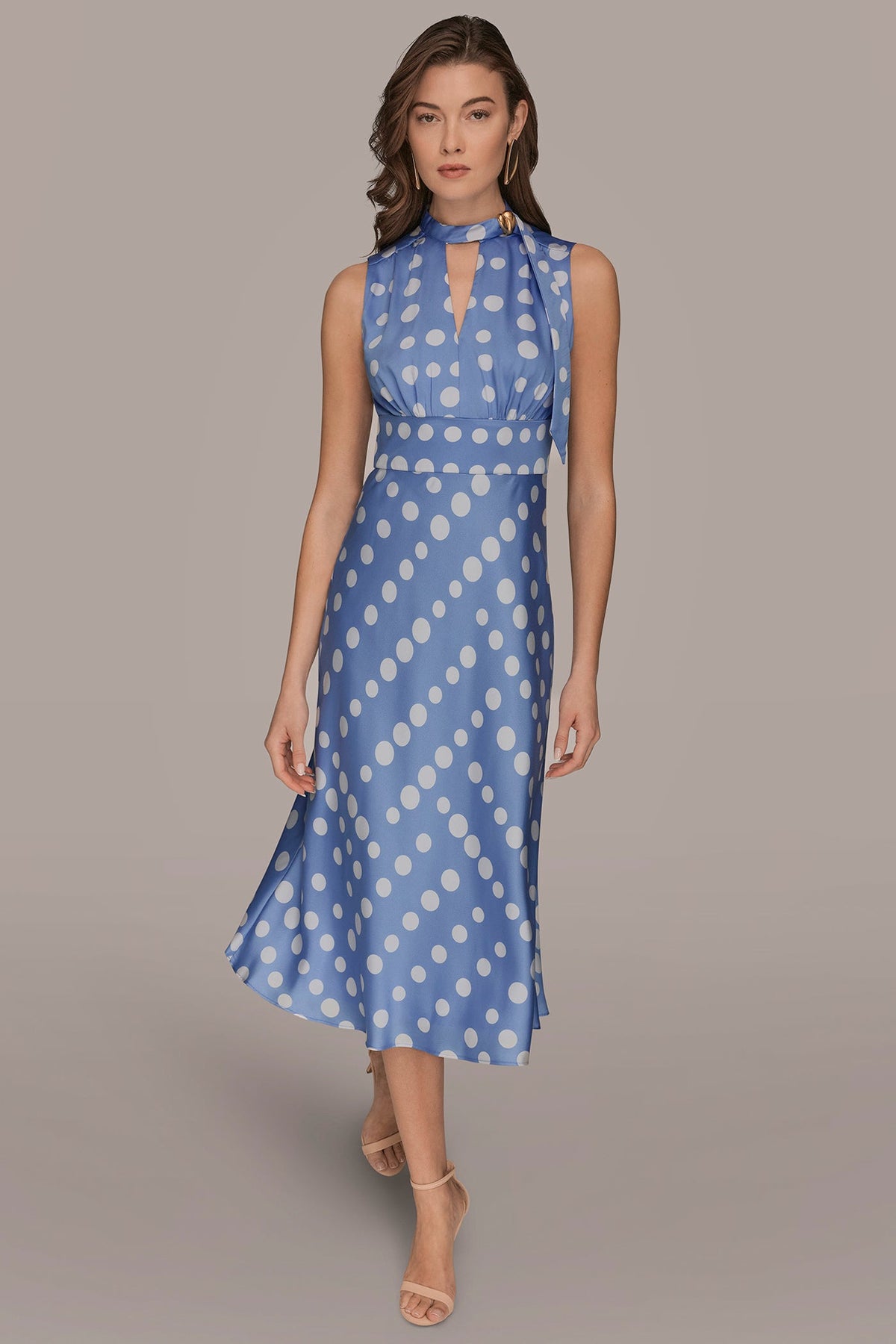 Donna Karan SATIN POLKA-DOT TIE-NECK MIDI DRESS