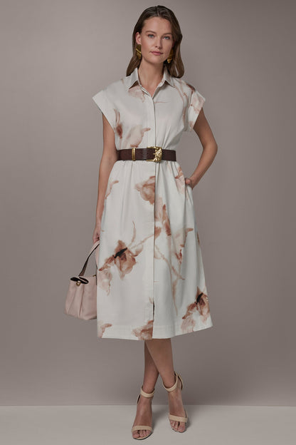 Donna Karan COTTON-SATEEN FLORAL MIDI SHIRT DRESS
