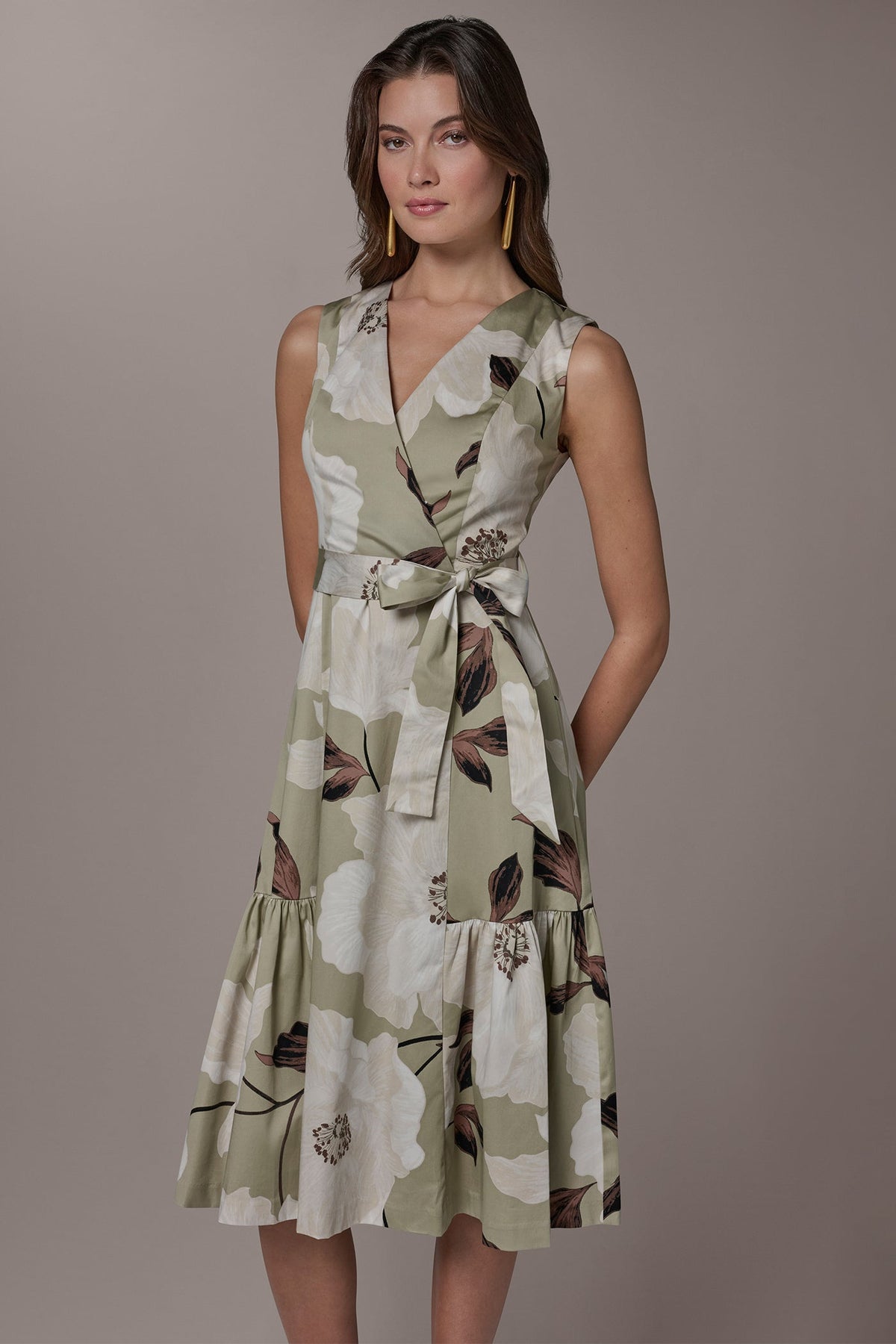 Donna Karan COTTON-SATEEN WRAP MIDI A-LINE DRESS