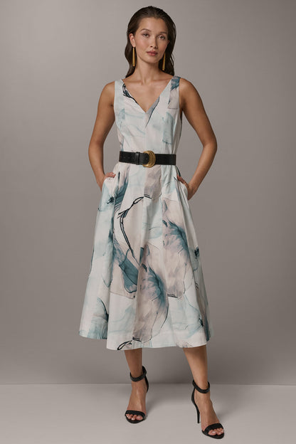 Donna Karan STRETCH-COTTON PRINTED MIDI FIT AND FLARE DRESS