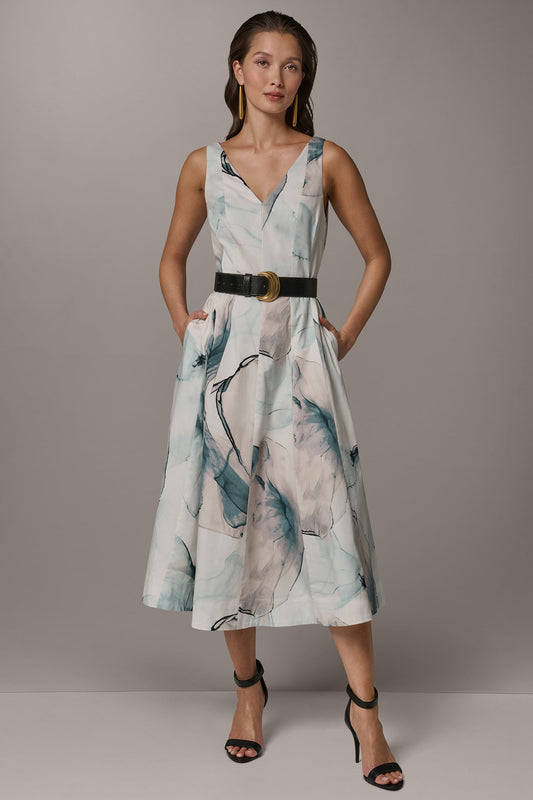 Donna Karan STRETCH-COTTON PRINTED MIDI FIT AND FLARE DRESS