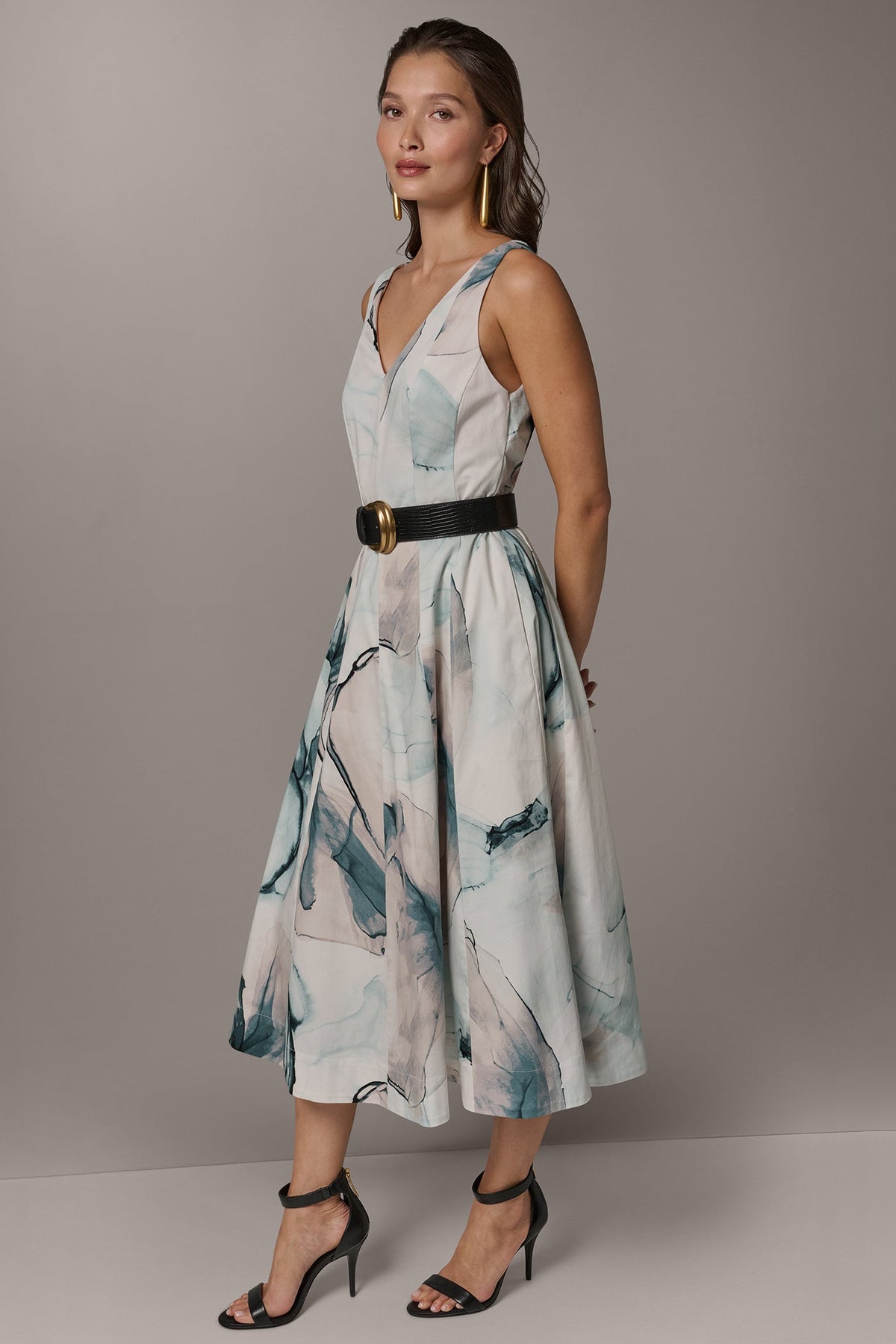 Donna Karan STRETCH-COTTON PRINTED MIDI FIT AND FLARE DRESS