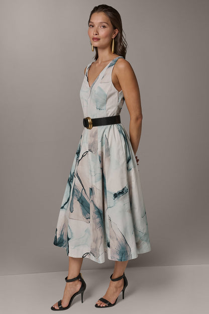 Donna Karan STRETCH-COTTON PRINTED MIDI FIT AND FLARE DRESS