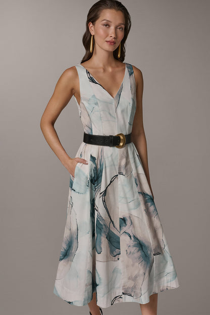 Donna Karan STRETCH-COTTON PRINTED MIDI FIT AND FLARE DRESS