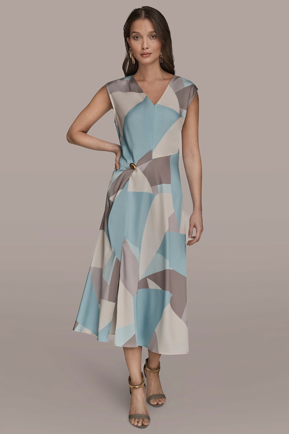 Donna Karan CAP SLEEVE V-NECK PRINTED MIDI DRESS