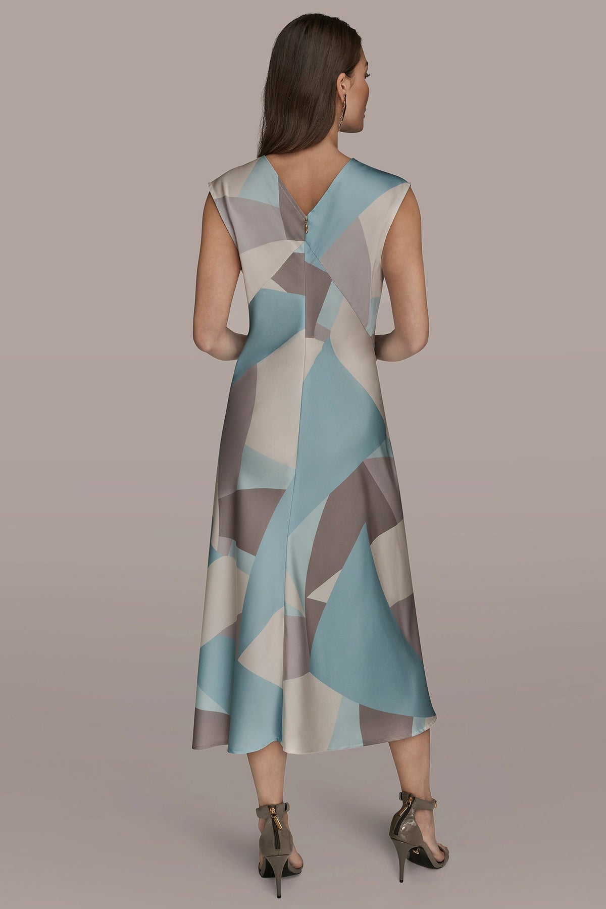 Donna Karan CAP SLEEVE V-NECK PRINTED MIDI DRESS