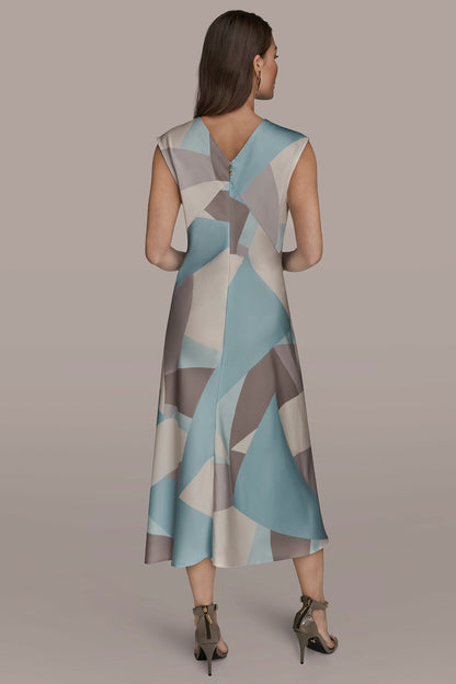 Donna Karan CAP SLEEVE V-NECK PRINTED MIDI DRESS