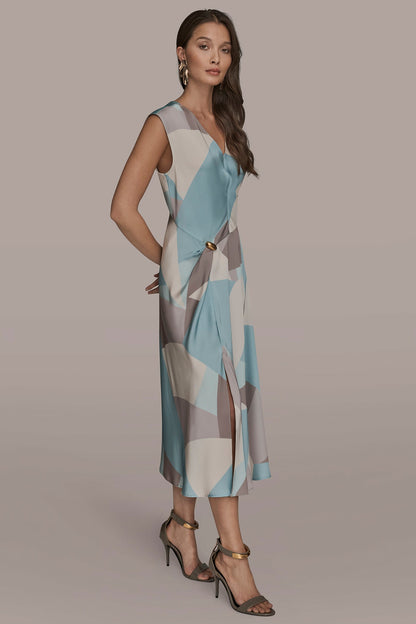 Donna Karan CAP SLEEVE V-NECK PRINTED MIDI DRESS