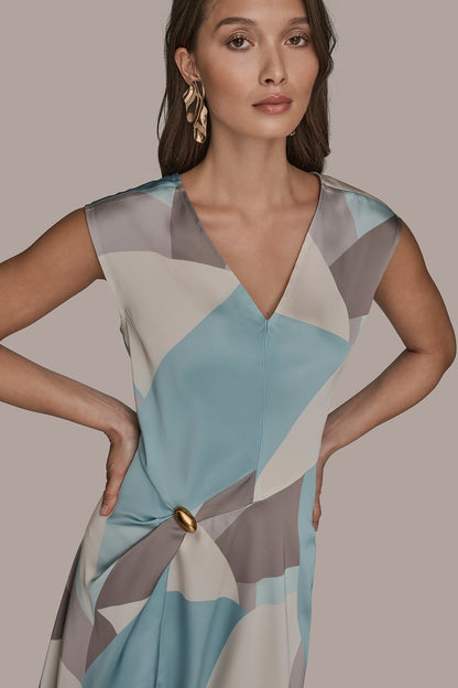 Donna Karan CAP SLEEVE V-NECK PRINTED MIDI DRESS