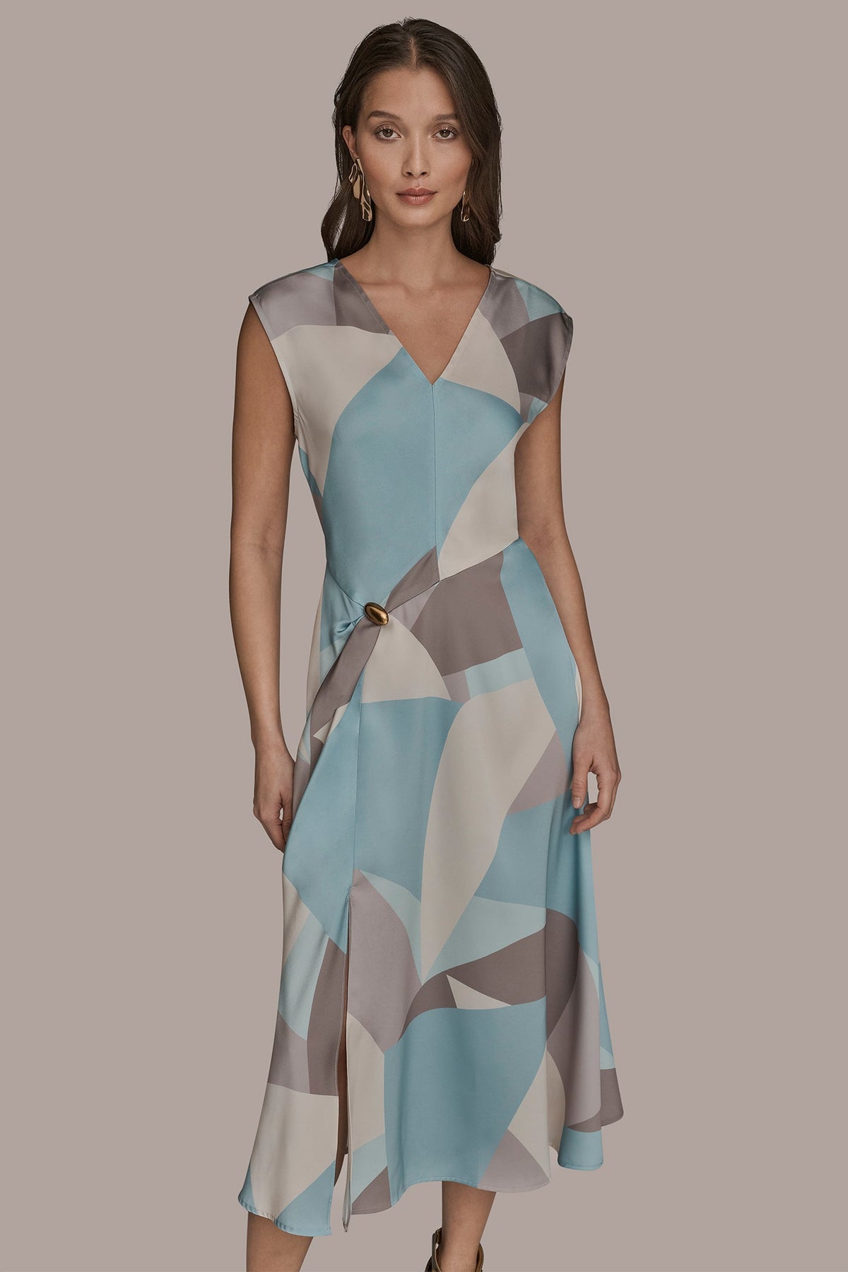 Donna Karan CAP SLEEVE V-NECK PRINTED MIDI DRESS