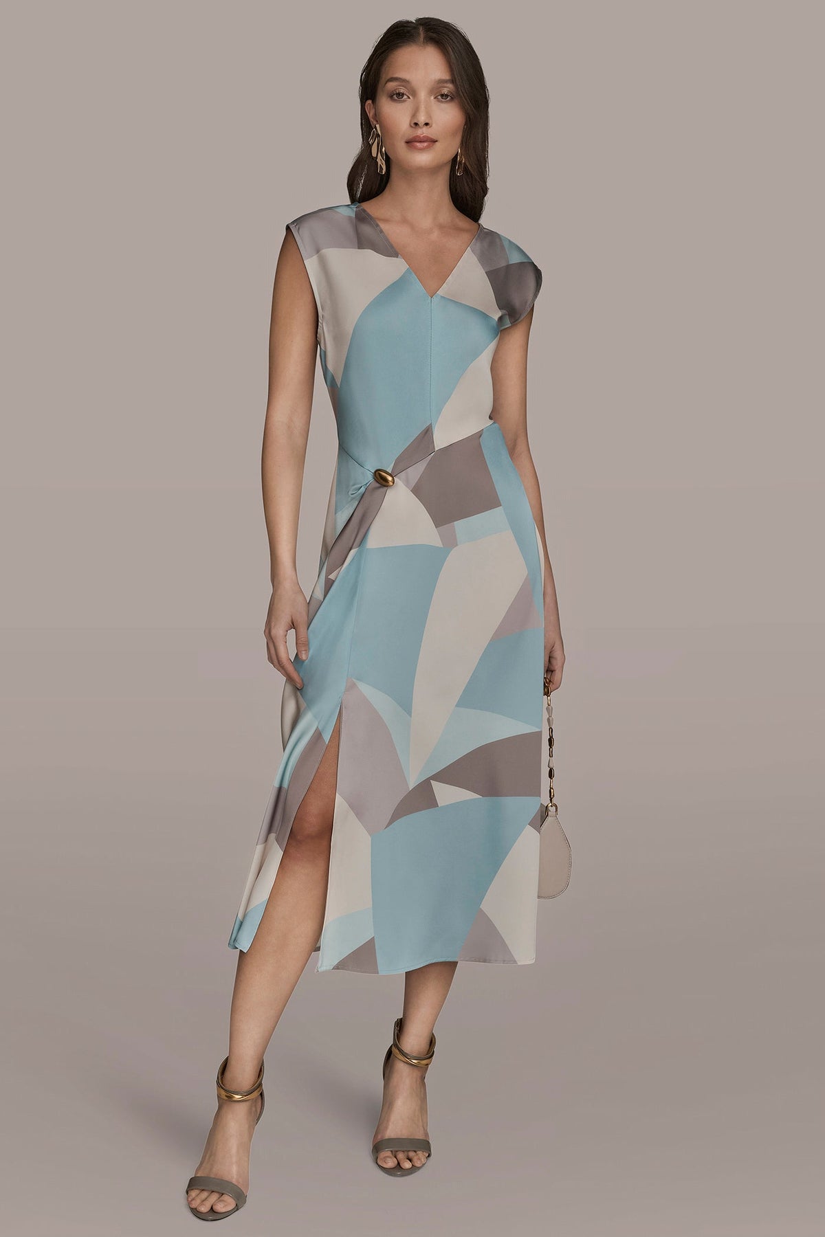 Donna Karan CAP SLEEVE V-NECK PRINTED MIDI DRESS