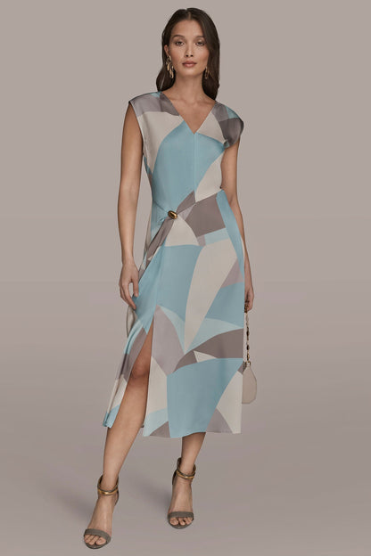 Donna Karan CAP SLEEVE V-NECK PRINTED MIDI DRESS