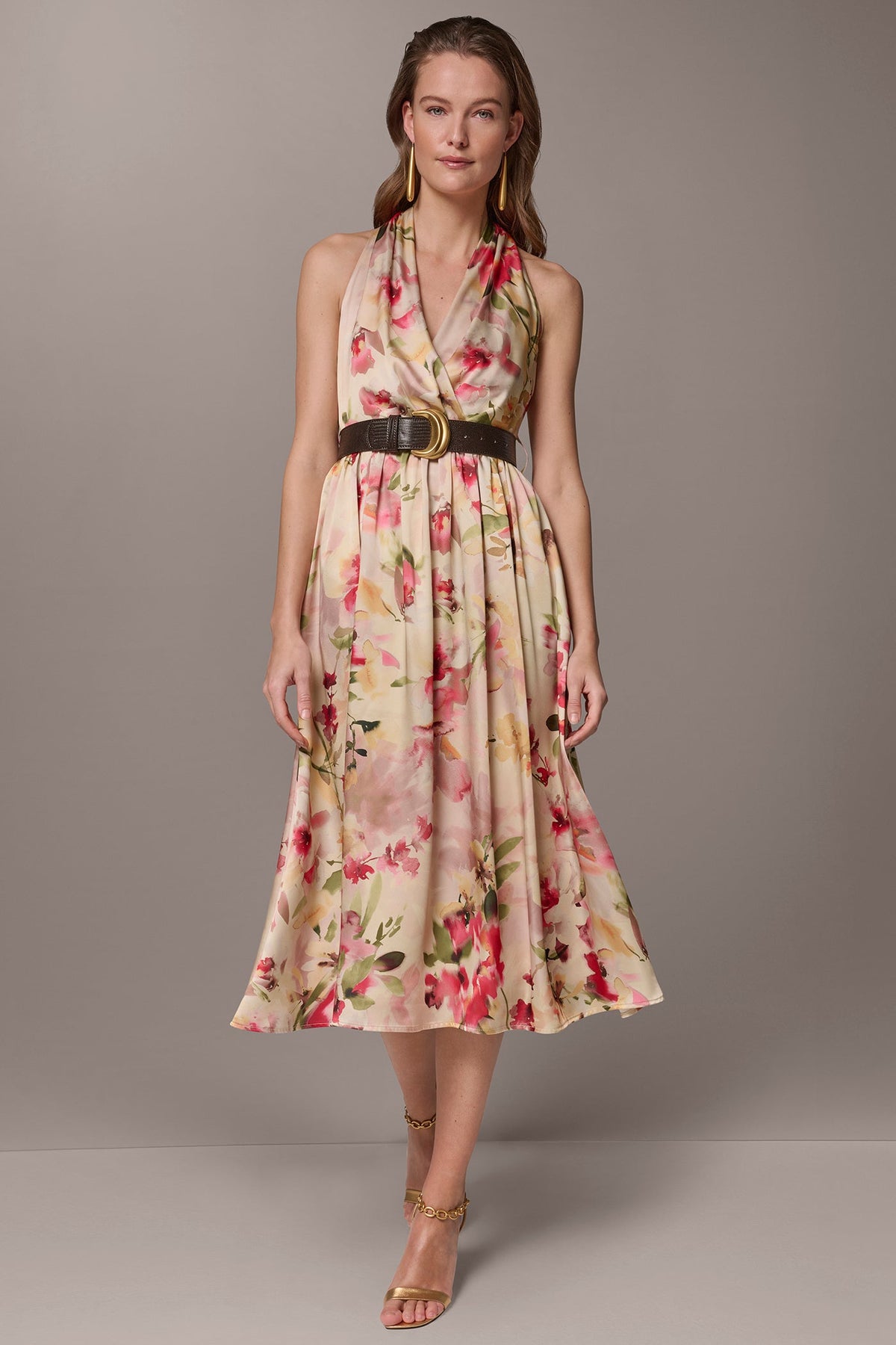 Donna Karan CHARMEUSE FLORAL WRAP-EFFECT MIDI HALTER DRESS