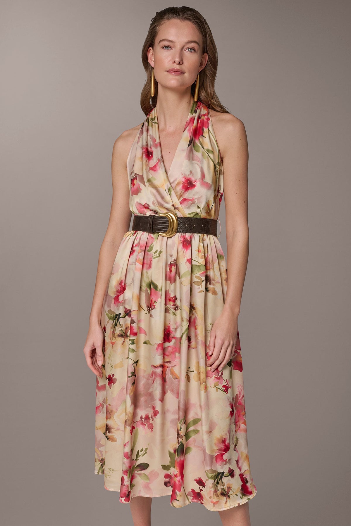 Donna Karan CHARMEUSE FLORAL WRAP-EFFECT MIDI HALTER DRESS